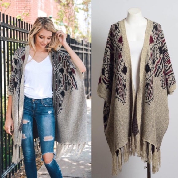 BellanBlue Sweaters - heather argyle print tassel poncho kimono cardigan